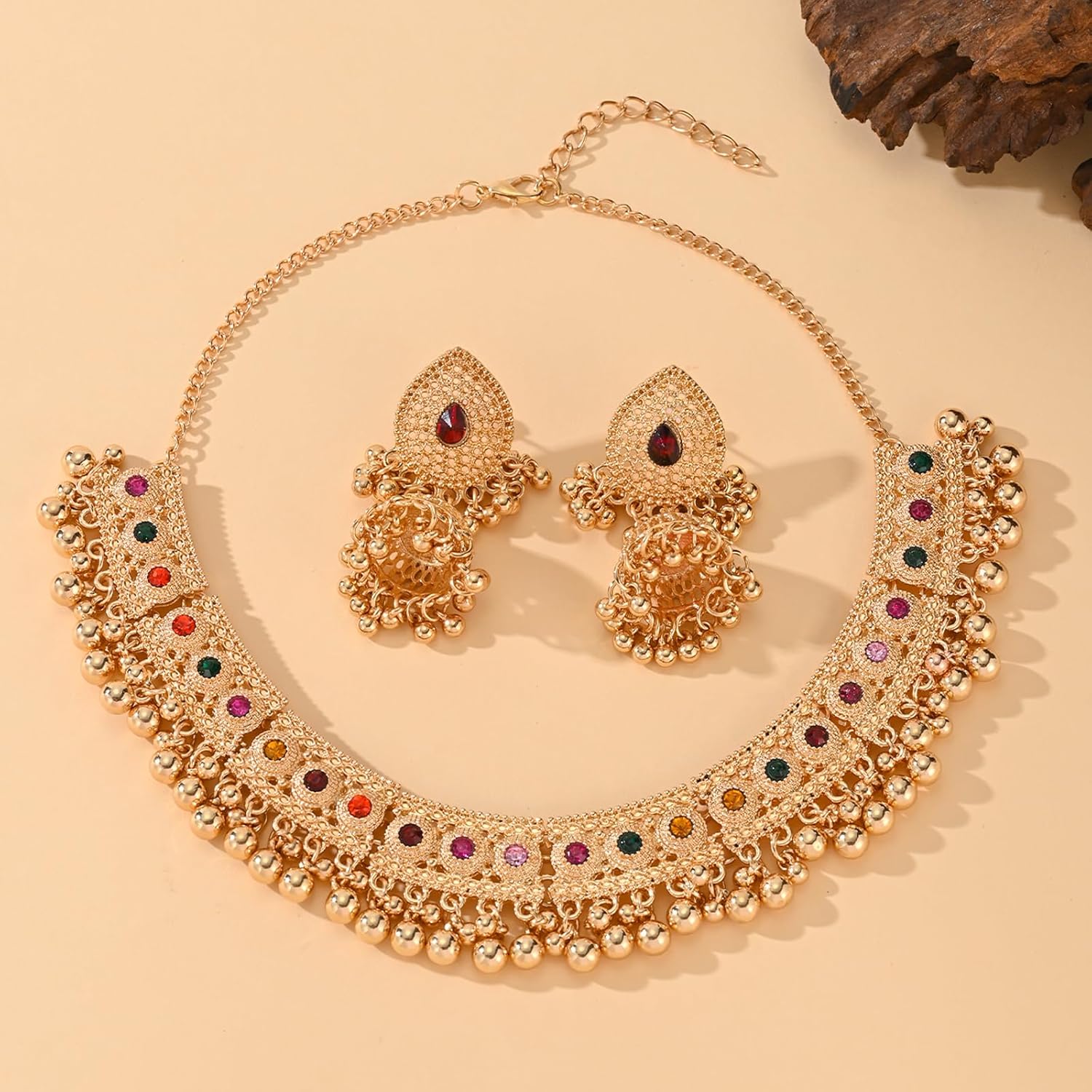 Indian-Jewelry-Jhumka-Necklace-Sets Kundan-Earrings for Women Gold-Chain-Wedding-Choker Oxidized Indian Jewelry Set for Brides