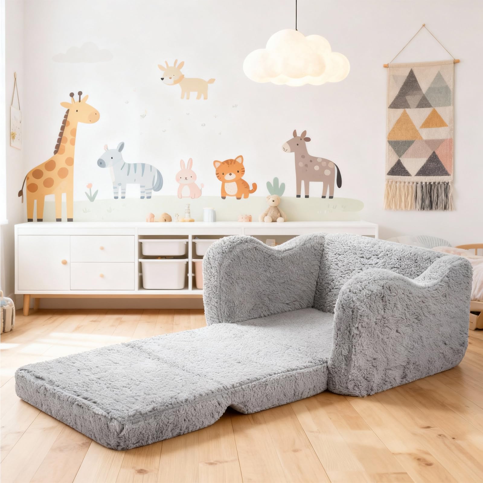 Kindersofa Ausklappbar, 2-in-1 Kleinkinder Schlafsofa, Kindersessel mit Schlaffunktion, Mini Couch für Kuschelecke Kinderzimmer, Fancy Spielsofa für Jungen und Mädchen im Alter von 1–3 Jahren