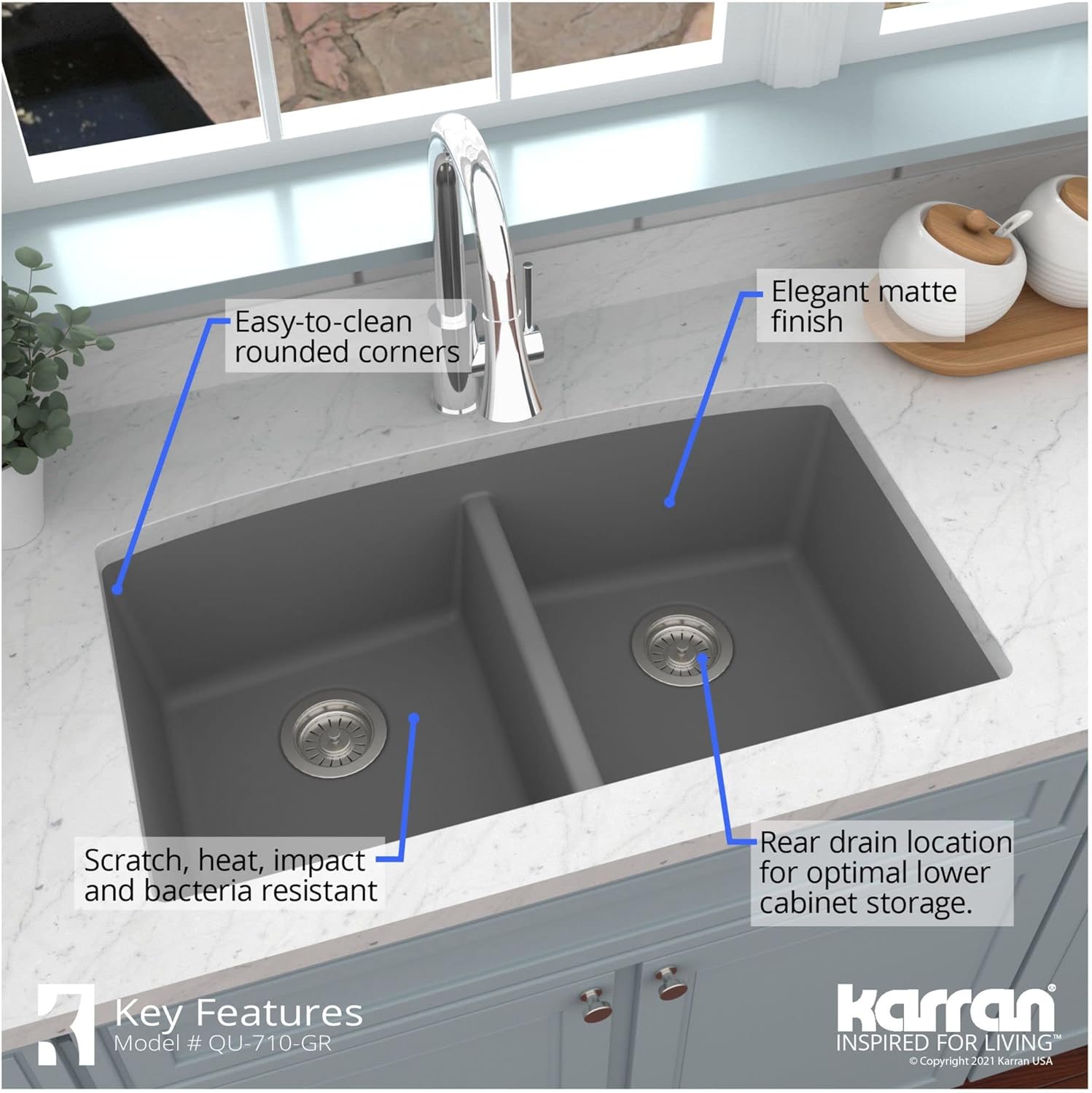 Karran QU-710 Undermount Quartz Composite 32 in. 50/50 Double Bowl Kitchen Sink Kit in White