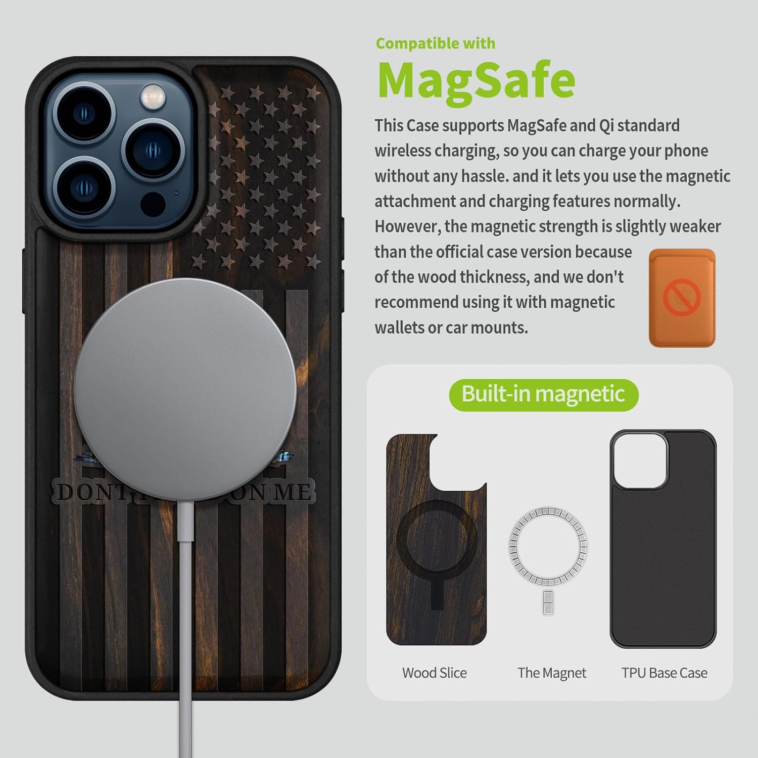 Carveit Wooden Case for iPhone 15 Pro Max Magnetic Case, Compatible with MagSafe Wireless Chargers, Shockproof Cover, Handmade Shell Inlaid & Wood Artisan Engraved (Gadsden Flag) Blackwood