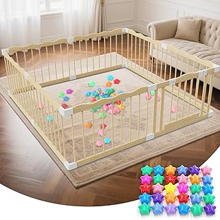 Wooden Baby Playpen - 65"×65" Wave Design Playpen for Babies and Toddlers - 30 Ocean Balls Included Safety-Certified Indoor&Outdoor Wood Fence - Easy to Assemble Play Yard