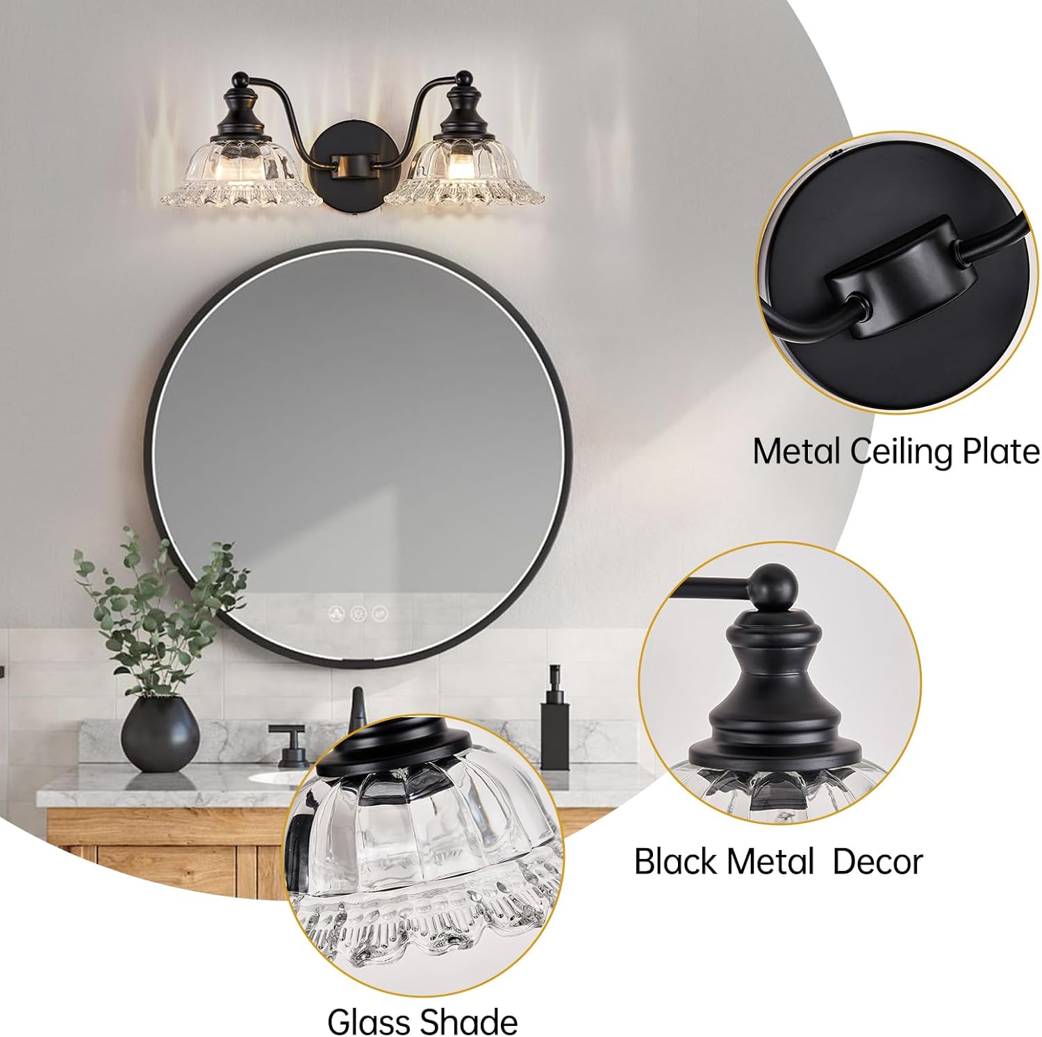 XIEDUN Farmhouse Bathroom Light Fixtures Black Vanity Lights for Bathroom 2 Light Vanity Light Fixtures