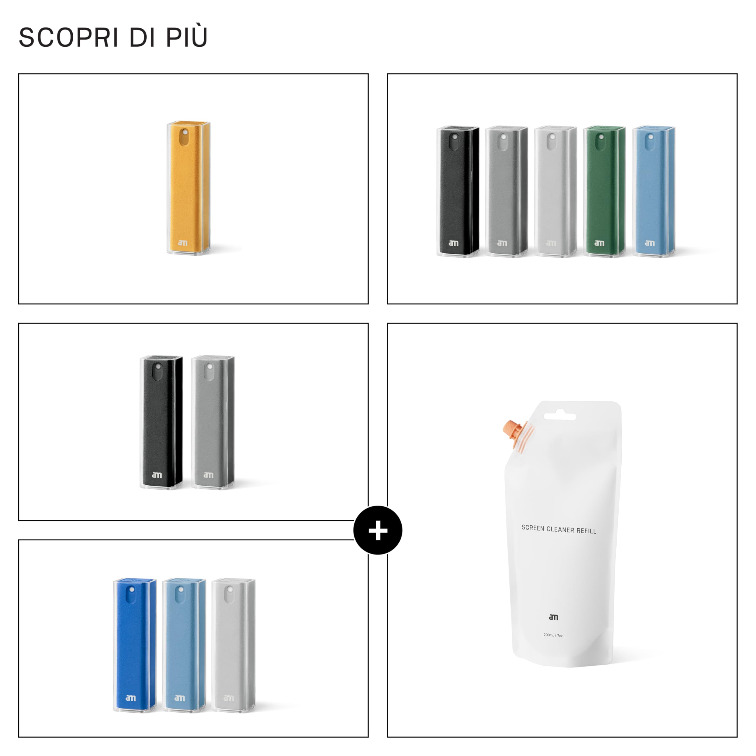 am Spray Pulizia Schermo 2 in 1 con Panno in Microfibra Integrato per Smartphone, Tablet, Laptop, Monitor PC, Smart TV e Display Auto, Ricaricabile (Blu, 3 Pack)