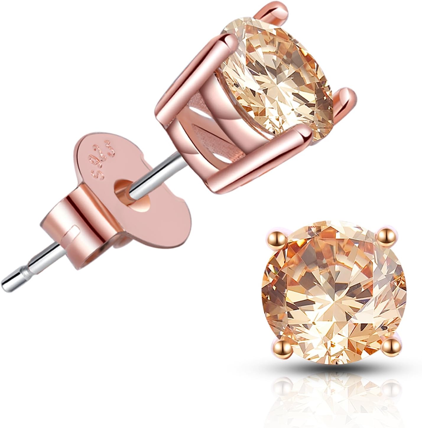 18K Gold Plated Round Cubic Zirconia Faux Diamond Earrings Sterling Silver Post Hypoallergenic Earrings for Women Men, in White Gold, Rose Gold and Yellow Gold, CZ 0.5 to 2.5ctw