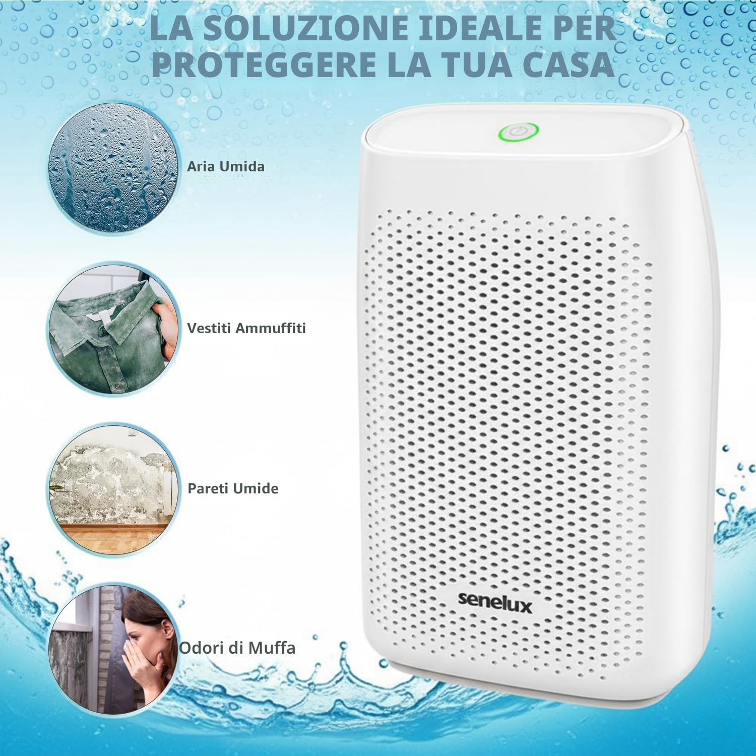 Senelux Deumidificatore T8PLUS, 2000ml, Ultra Silenzioso, Risparmio Energetico, Spegnimento Automatico, 0,71 Litri/Giorno, Bianco per Casa, Camera da Letto, Armadio ecc.