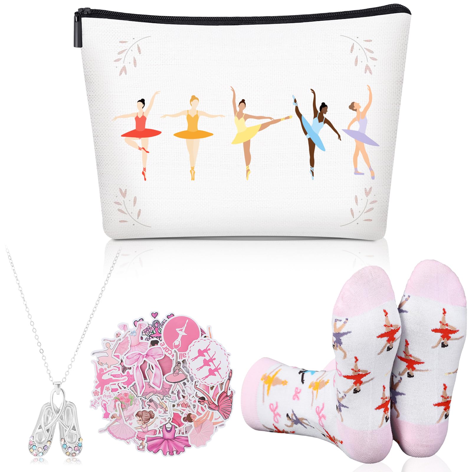 Jadive 4 Pcs Ballet Gifts Ballerina Dance Recital Gifts Set Canvas Makeup Bag Dance Stickers Necklace Socks for World Ballet Day Women Party Supplies