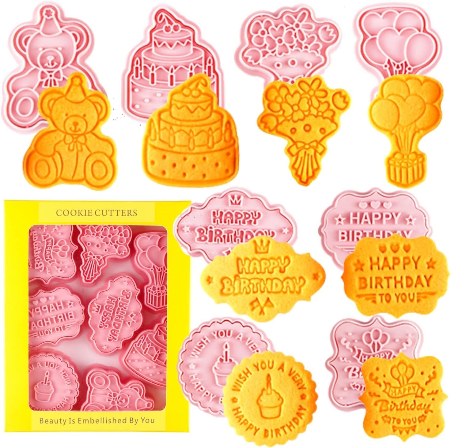 Skytail 8pc Happy Birthday Cookie Cutters 3D Cookie Stamps Biscuit Cutters Baking Biscuit Chocolate Fondant Sugarcraft Birthday Cake Decoration Party Treats DIY Press Molds Pastry Embossing Cutters