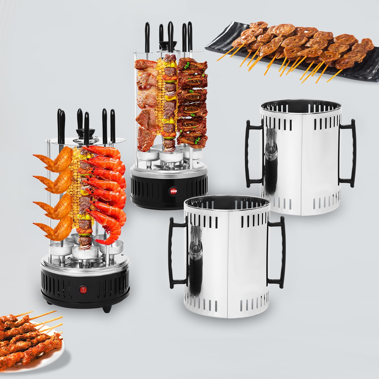 Pionowy grill elektryczny z 5/6 szpikulcami | automatyczna rotisseria 1000 W | niski poziom dymu i zdrowy | na rodzinne posiłki lub do gastronomii | stal nierdzewna | łatwy do czyszczenia