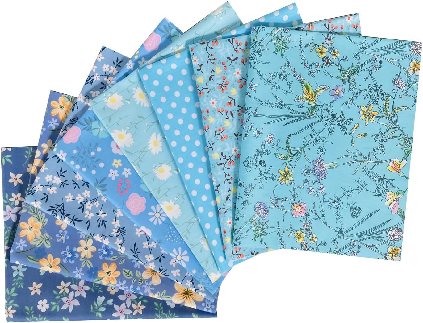 18" x 22" Fat Quarters Quilting Cotton Fabric Bundles for Sewing, 8 PCS Blue Floral