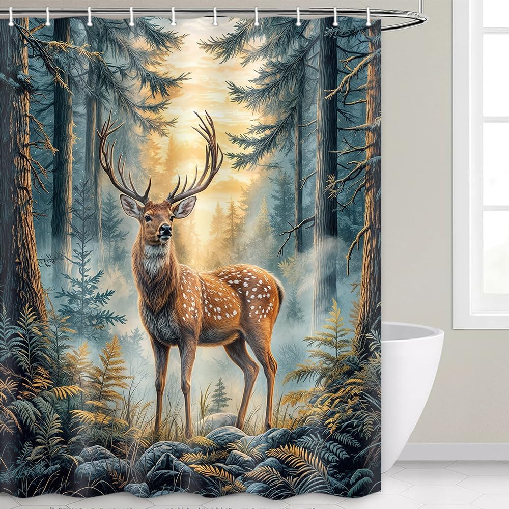 Rustic Forest Deer Shower Curtain Brown Woodland Hunting Camping Cabin Farmhouse Animal Lake Wildlife Nature Scenery Polyester Fabric Bath Curtain Set with Hooks 71X84 in