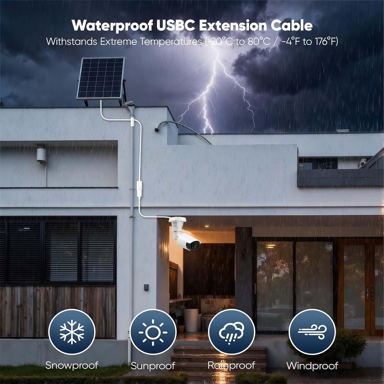 25FT USB C Extension Cable for Ring Solar Panel, White Waterproof USBC Male to Female Extender Cord Windproof,45W Power Charging Compatible with Ring Solar Panel,Security Camera,Mag-Safe Charger,Phone