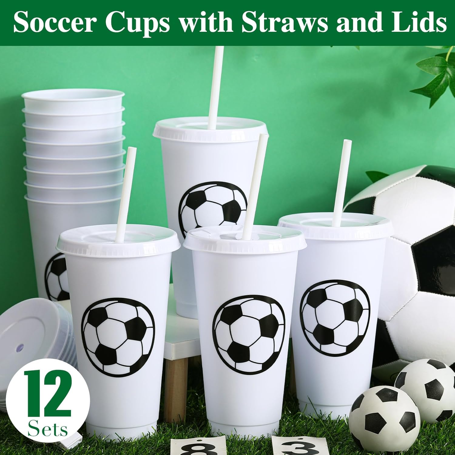 Domensi 12 Pcs Sport Soccer Plastic Cups with Lid and Straw 24 oz Reusable Plastic Cups Coffee Tumblers Gift for Fan Friend Guest Birthday Office Sport Party Supplies (White)
