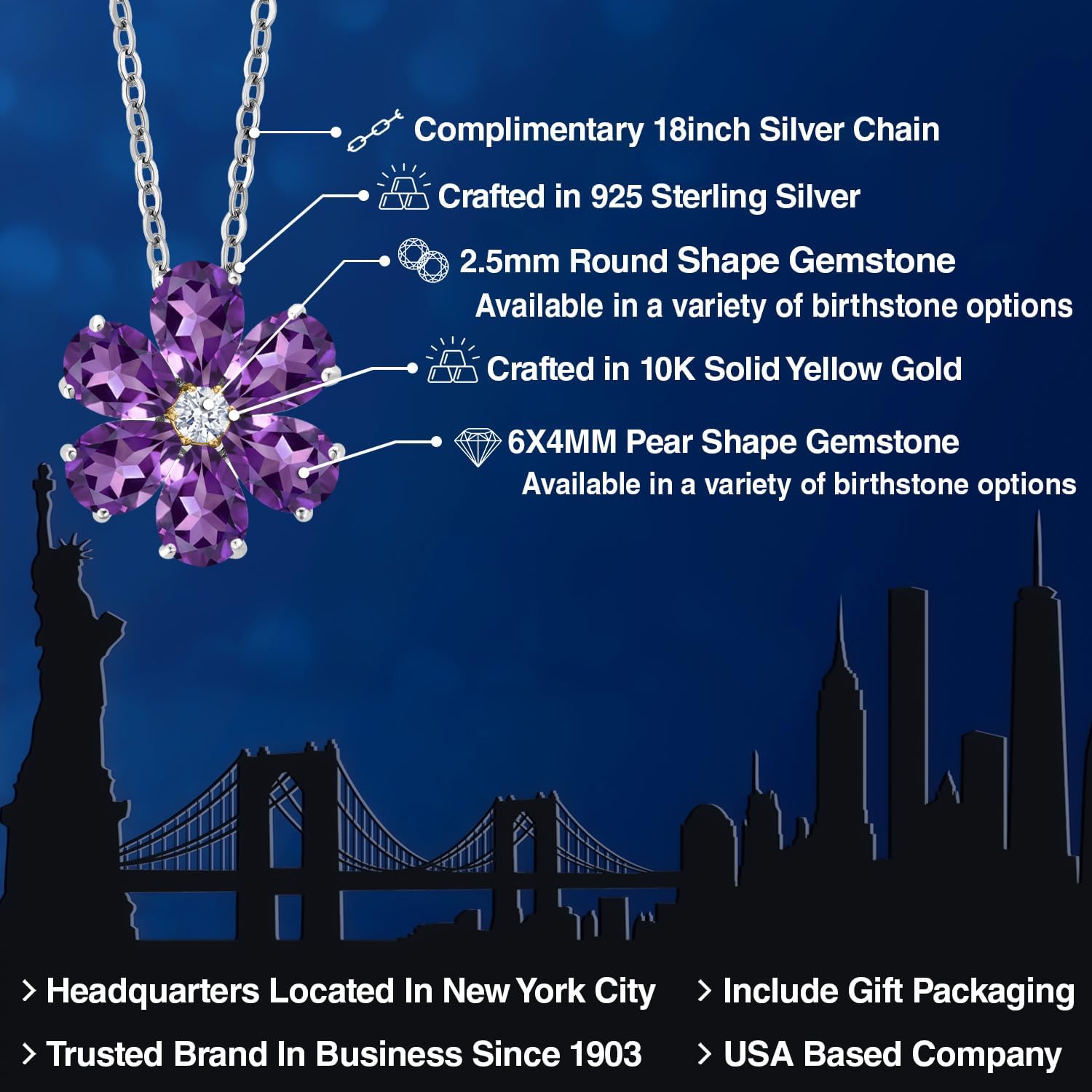Gem Stone King 925 Sterling Silver and 10K Yellow Gold Purple Amethyst Pear Shape Flower Pendant Necklace For Women (2.21 Cttw, Gemstone Birthstone, with 18 Inch Chain)