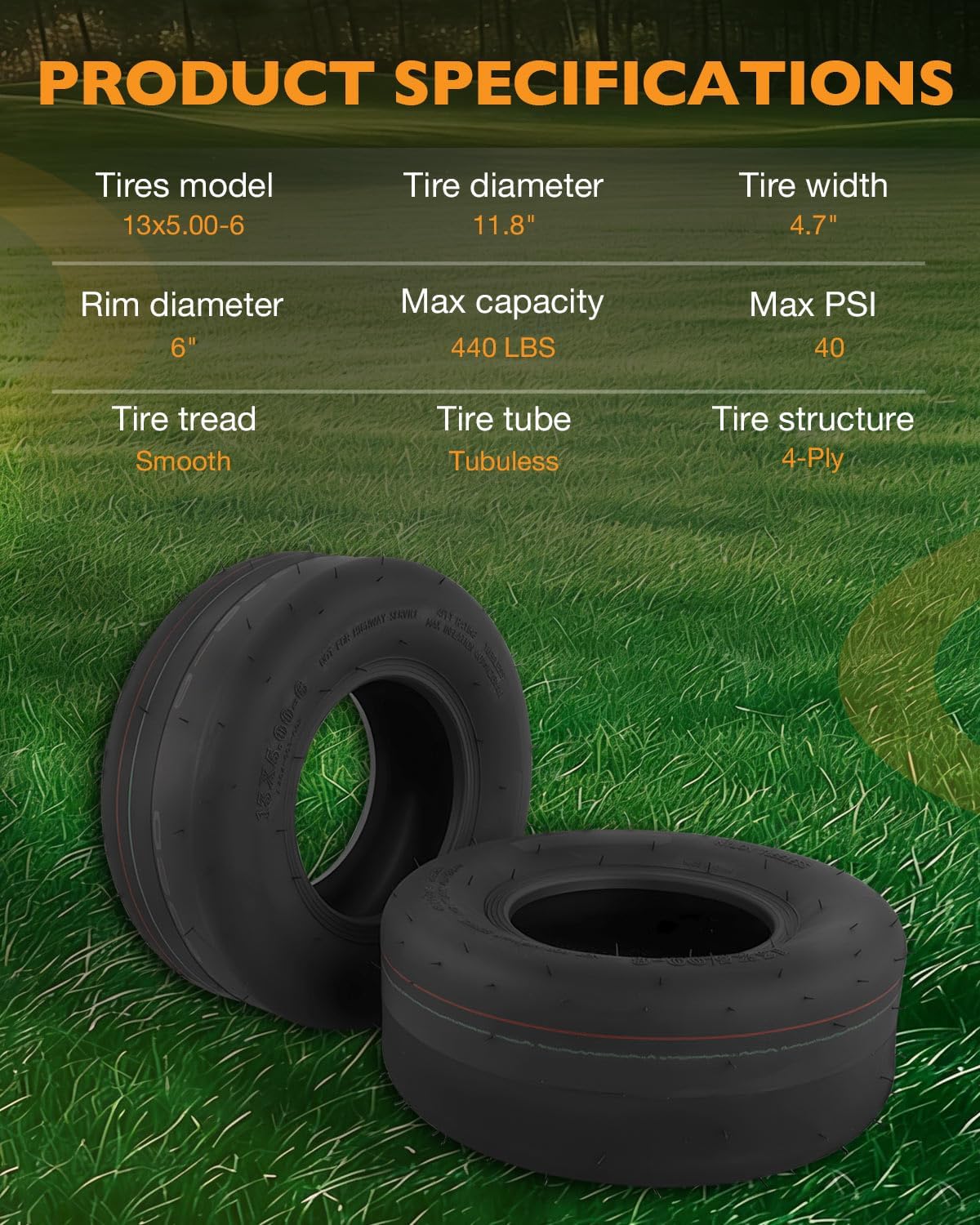 HQPASFY 2 Pack 13x5.00-6 Tubeless Lawn Mower Tires, Replacement 13x5.00-6 Zero Turn Smooth Turf Tires Garden Tractor Riding Lawn Mower Farm Equipment, 4Ply