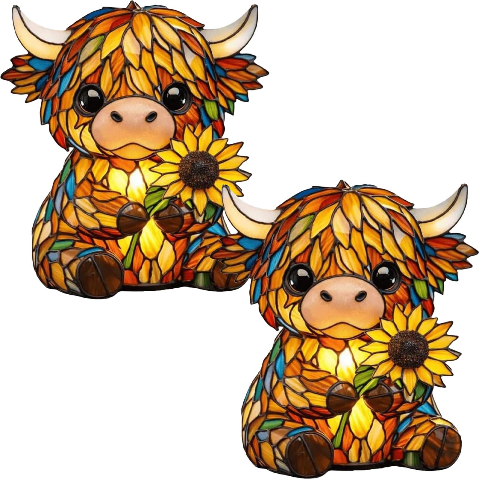 Stained Highland Cow Night Light, Vintage Resin Table Light – 3D Cute Animal Lamp for Bedroom & Bedside USB or Battery Powered, LED Night Light with Warm Glow, Unique Home Decor for Cow Lovers (2 PC)