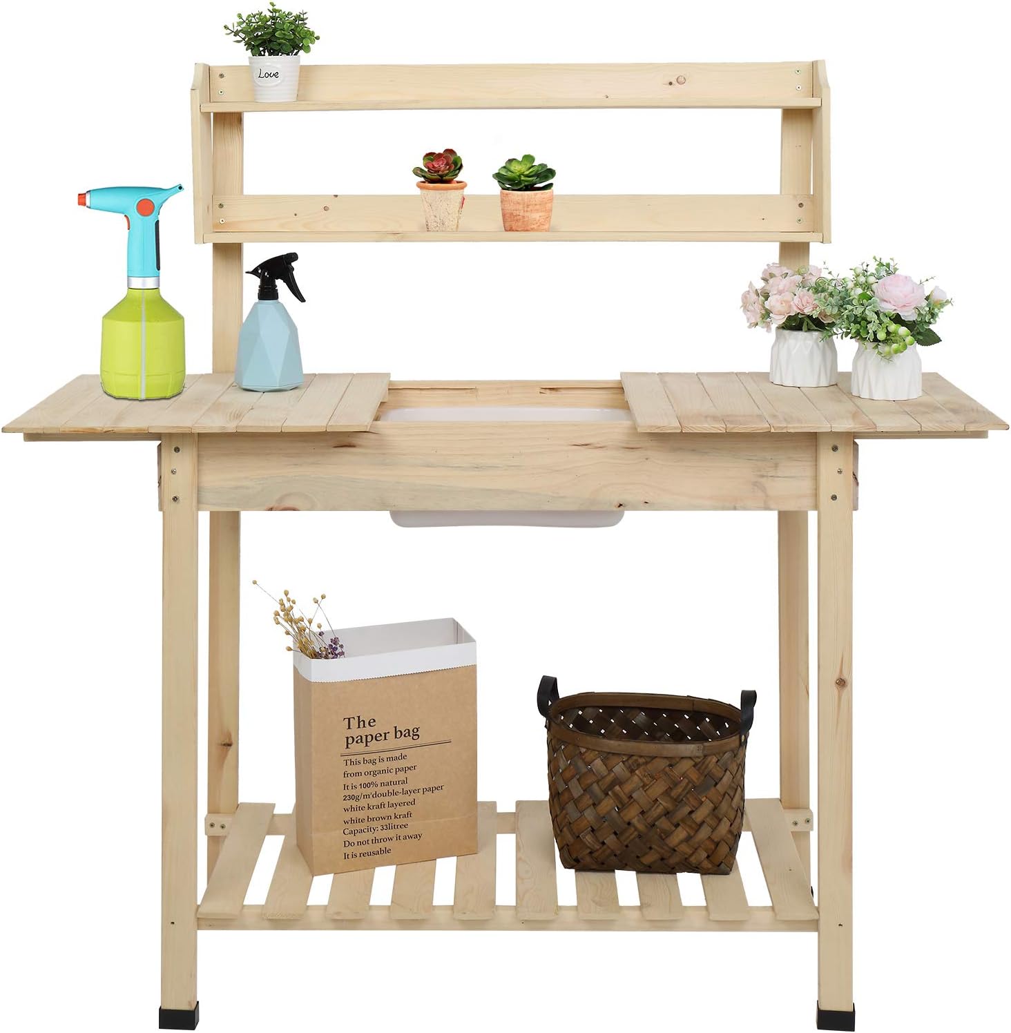 VINGLI Wooden Potting Bench, Outdoor Work Station Table with Sliding Tabletop, Outdoor Garden Potting Table with Removable Sink & Storage Shelves for Garden Supplies