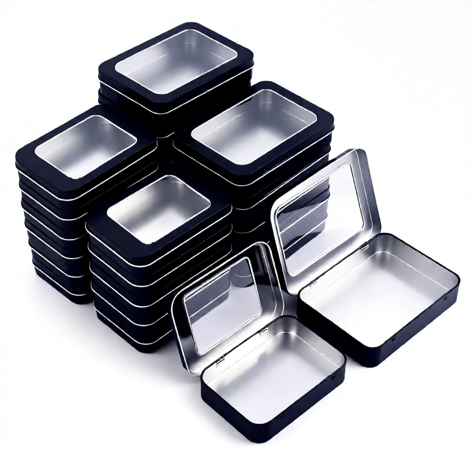 Boîtes de rangement rectangulaires vides en métal avec couvercle transparent x24