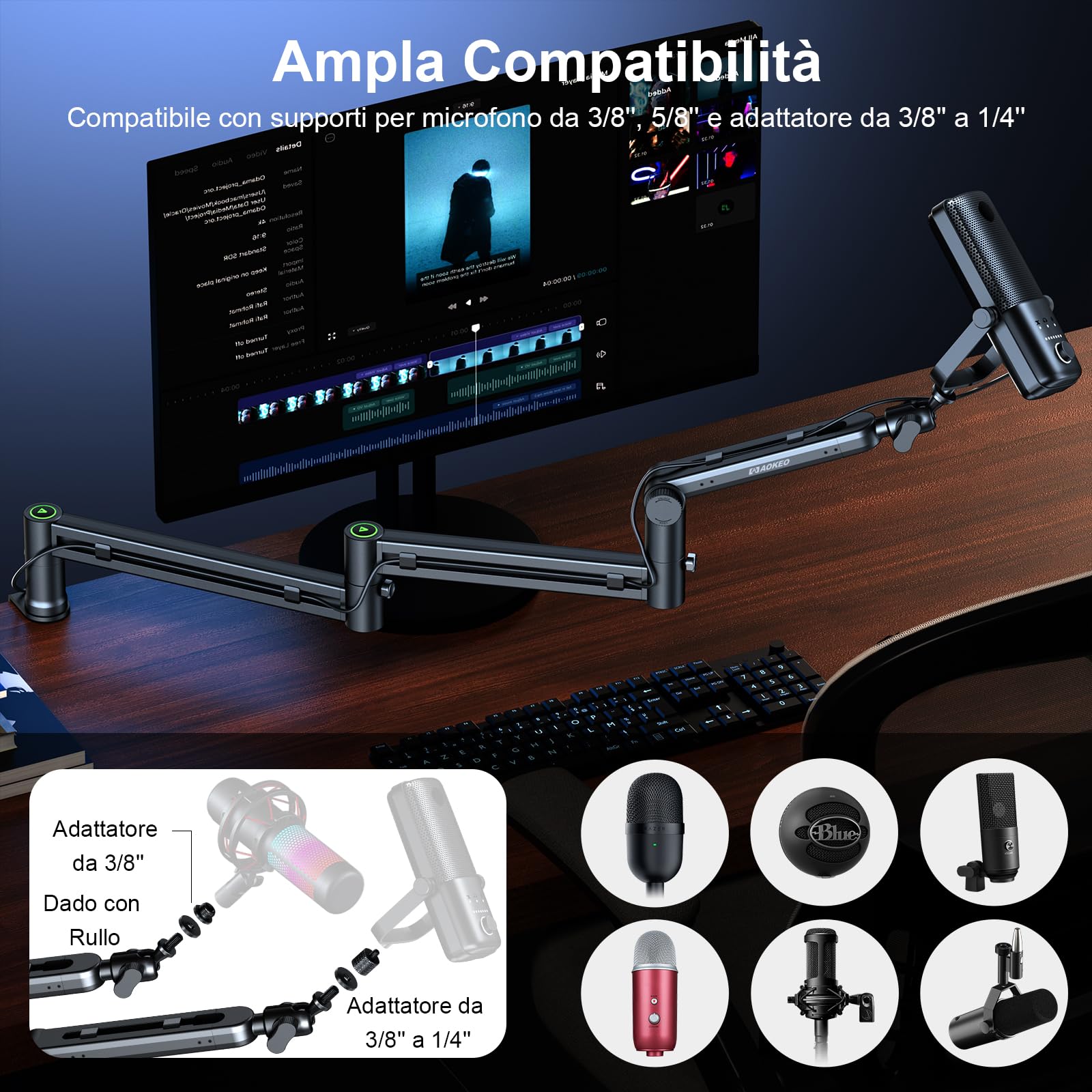 Braccio Microfono,Aokeo AK-58i Braccio Sospensione Boom da Scrivania a Profilo Basso,Supporto per Blue Yeti,Snowball iCE,HyperX QuadCast,SoloCast,Elgato Wave,Ecc