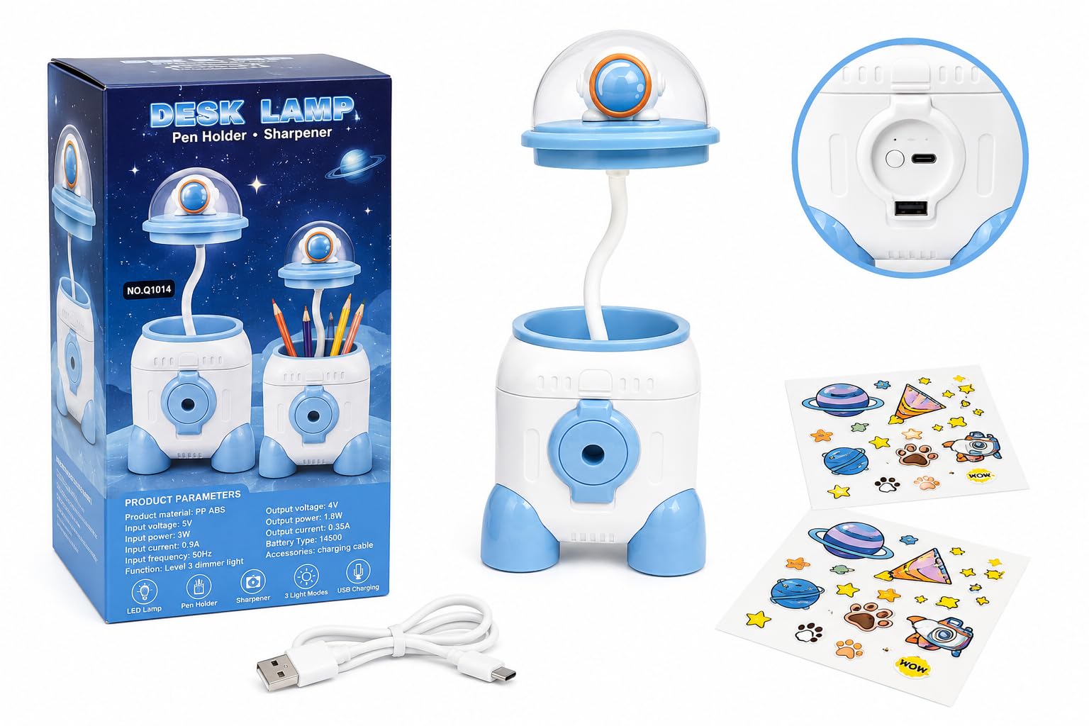 Astronaut LED Desk Lamp with Pen Holder & Sharpener | USB Rechargeable 3-Level Dimmable Study Light | Kids Pencil Stand Organizer | DIY Stickers Included | Blue-image-28