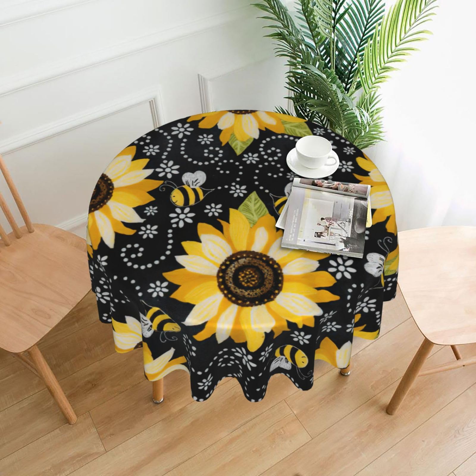 SDEGTHO Sunflower bee Print Modern Retro Round Tablecloth 60in Polyester Fabric Cover for Party Dining Table Washable
