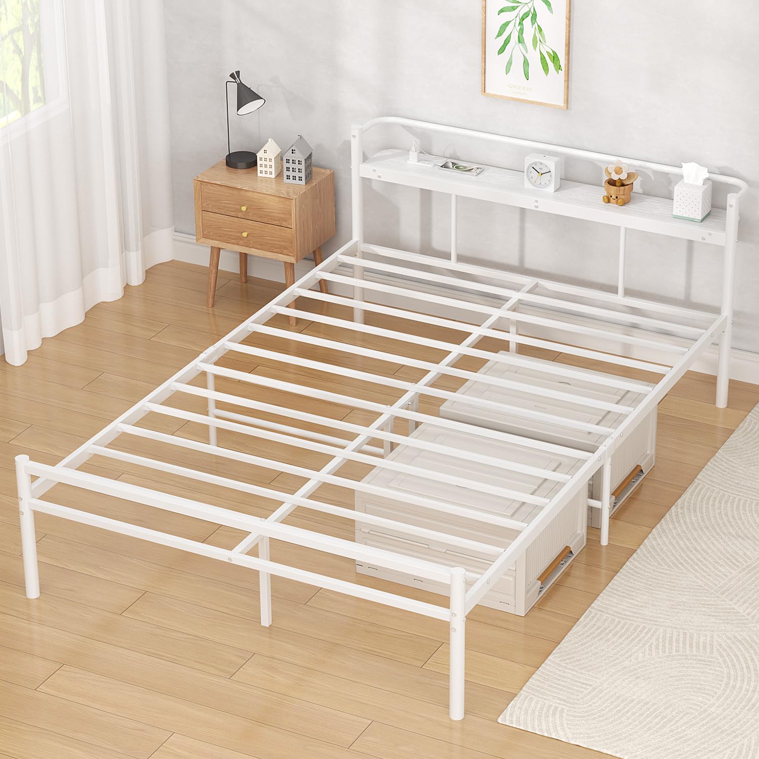 Amazon｜PRTONE ベッドフレーム パイプベッド ダブル 棚付き 2口