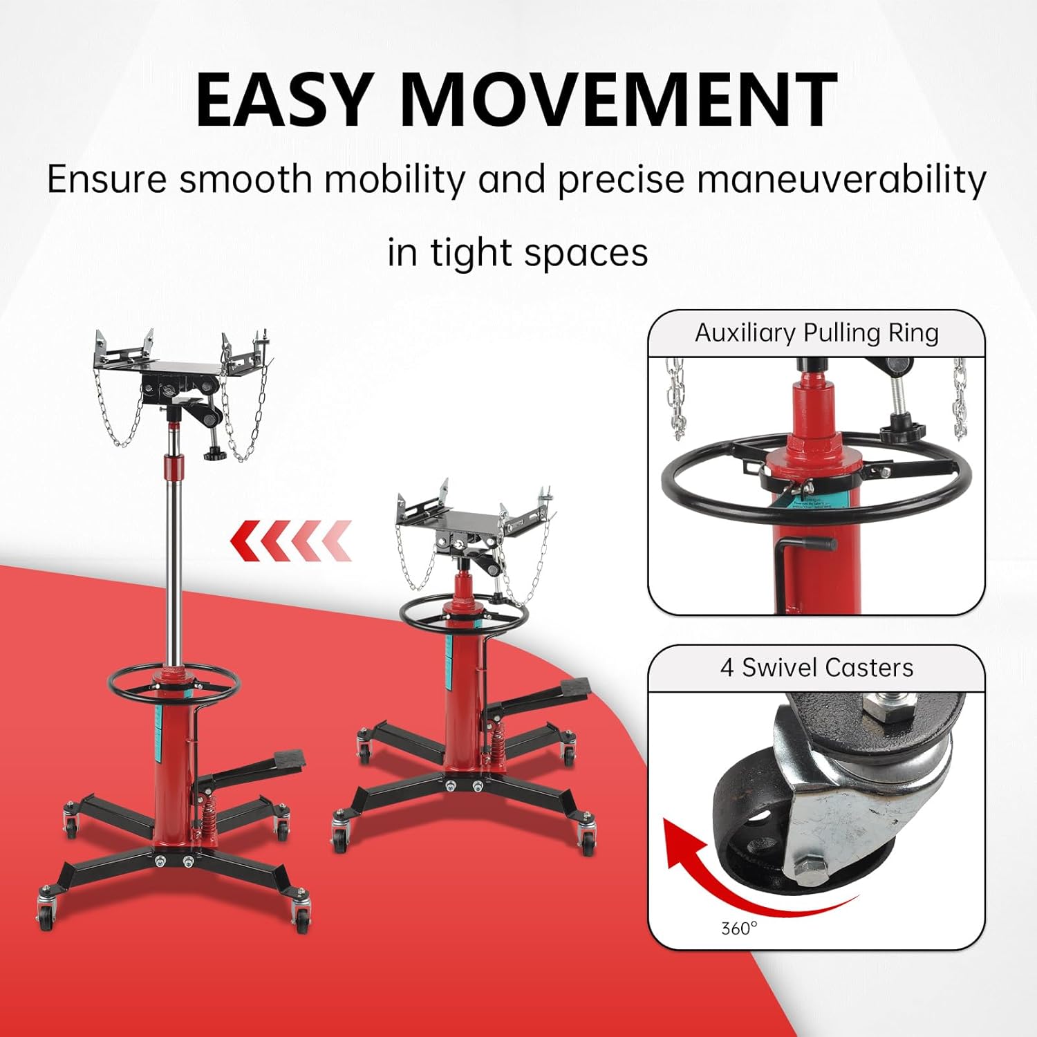 Transmission Jack, 1600 lbs/0.75 Ton Hydraulic Transmission Floor Jack with 360°Swivel Wheels & Foot Pedal 2 Stage Adjustable Telescoping 34" - 70" Lifting Range for Car Lift Hoist