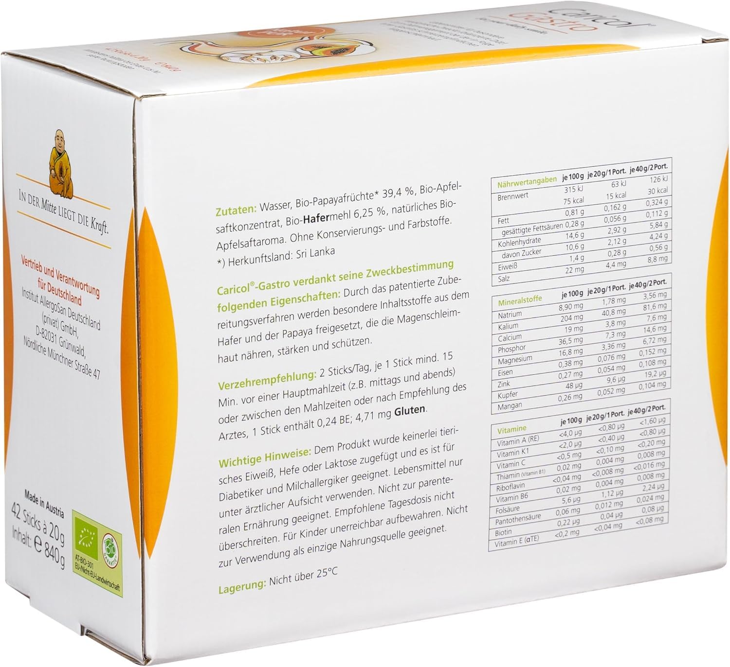 Caricol Gastro | 100% prodotto naturale | Supporto per la mucosa gastrica | Con il potere di Papaya & Biotina | Con papaina | 42 bastoncini da 20 g (840 g)
