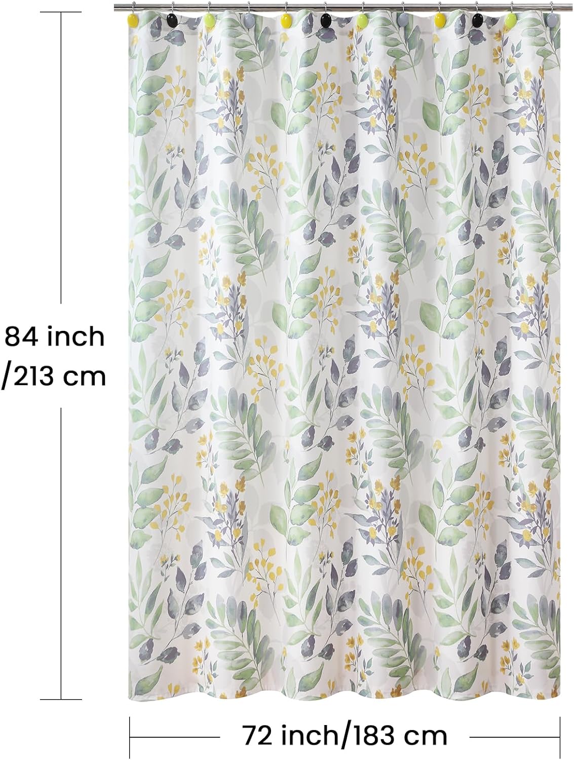 Extra Long Fabric Shower Curtain, Sage Green Gray Yellow Watercolor Botanical Leaf Shower Curtains for Bathroom, 72" W x 84" H