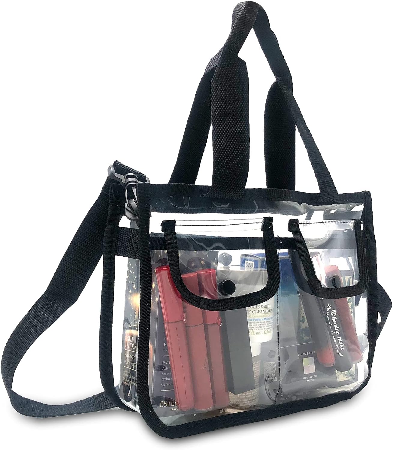 Enkrio Clear Cosmetics Bag Transparent Travel Makeup Bag with 4 External Pockets and Shoulder Strap Zippered Toiletry Carry Pouch Beach Bag