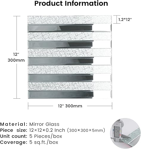 Miniatura 3 de Mosaico de espejo biselado para despegar y pegar, azulejos autoadhesivos de vidrio para salpicaduras de cocina, pared de baño (5 hojas, meteorito