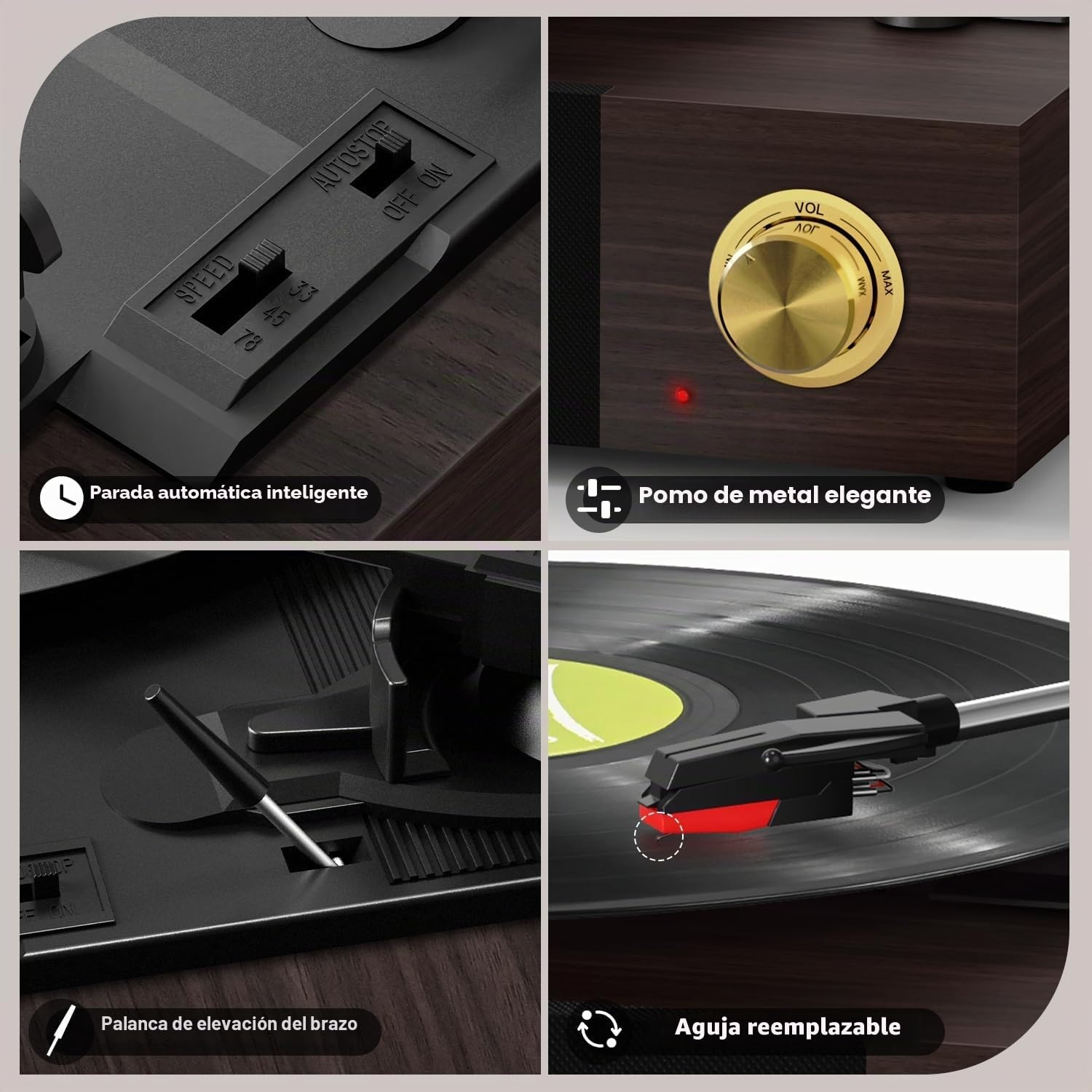 FYDEE Tocadiscos de Vinilo con Altavoces Integrados 6W, Diseño Retro de Madera con Tapa, Reproductor Bluetooth 5.4, 3 Velocidades, Salida RCA para Amplificador Externo, Protección Auto-Stop