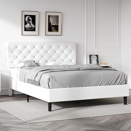 Miniatura 7 de Base de cama Queen con cabecero, base de cama tapizada de piel sintética, marco de cama blanco tamaño Queen, soporte de listones de madera, no