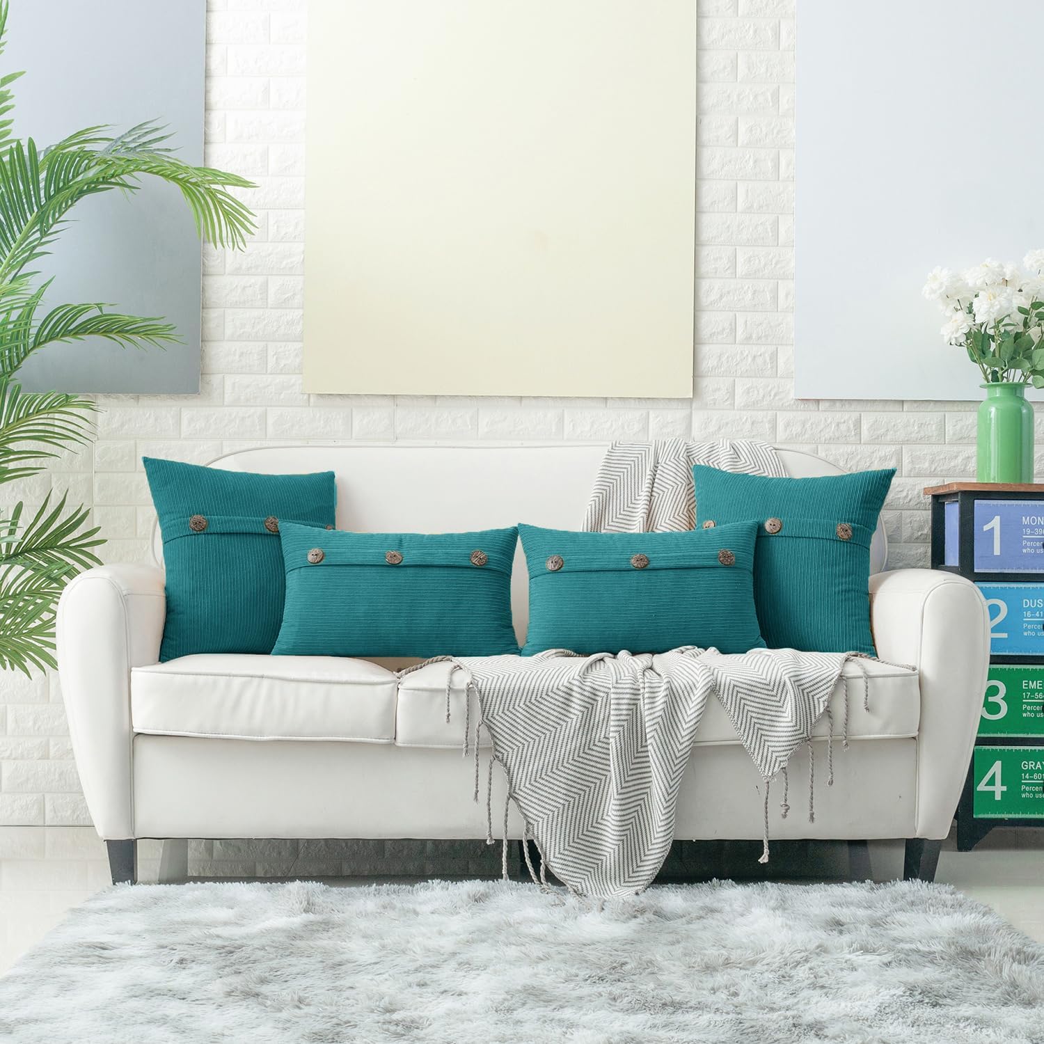 HWY 50 Teal Chenille Throw Pillow Covers 22x22 Inch with Triple Buttons, Soft Farmhouse Accent Decorative Cushion Cases for Couch Sofa Bed Living Room Pack of 2