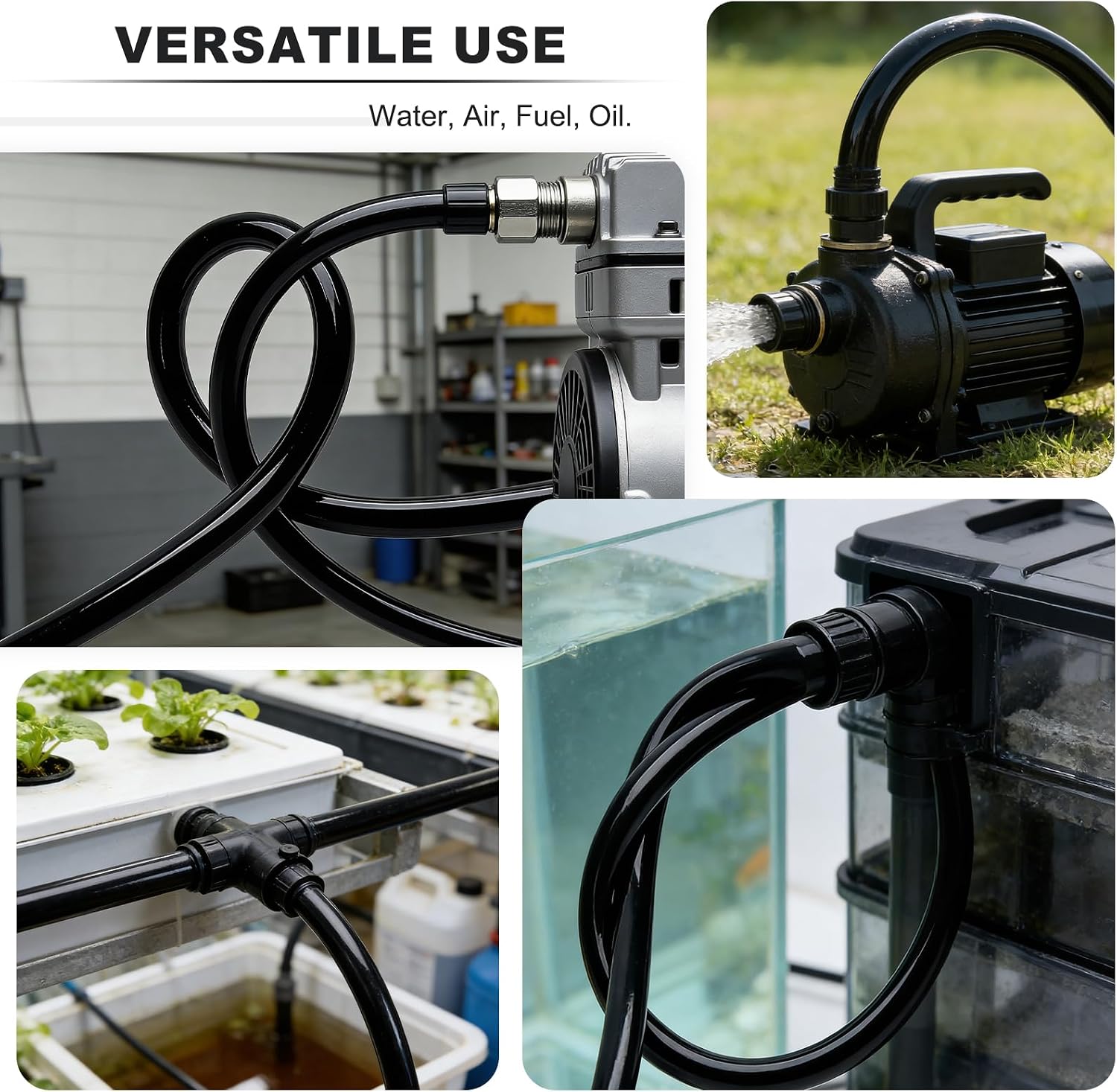 【Air-Supported Packaging】1/2 Inch ID x 50ft PVC Hose - Ends Sealed to Prevent Kinks & Damage. For Water, Air, Fuel Transfer, Industrial Use. Includes 4 Stainless Steel Hose Clamps