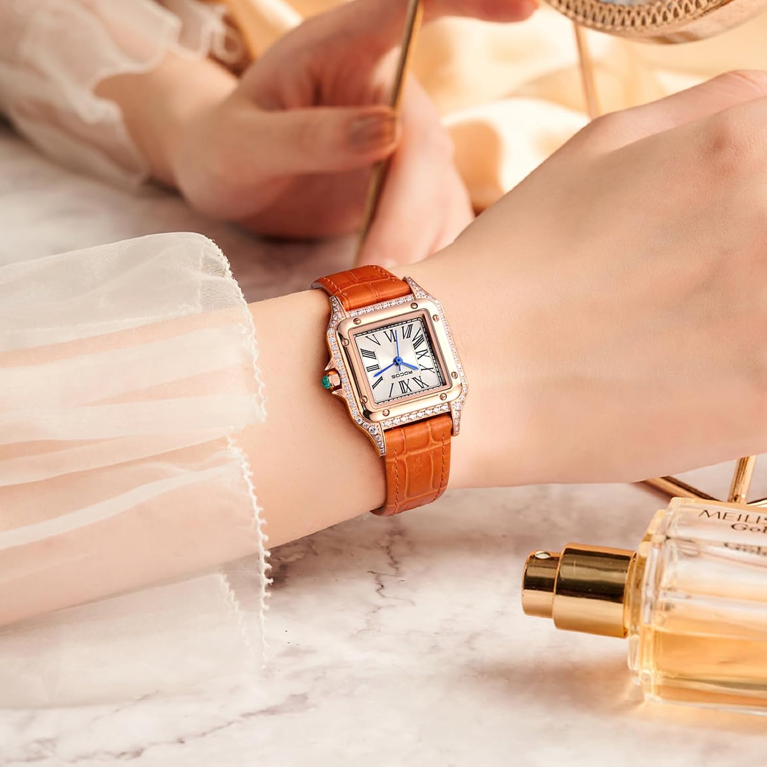 ROCOSJEWE New Square Watches for Women with Roman Numerals,Fashion Ladies Dress Watch,Rose Gold Case&Champagne-Colored Dial,Easy Read,Orange Leather Strap, Waterproof,Gift for Her