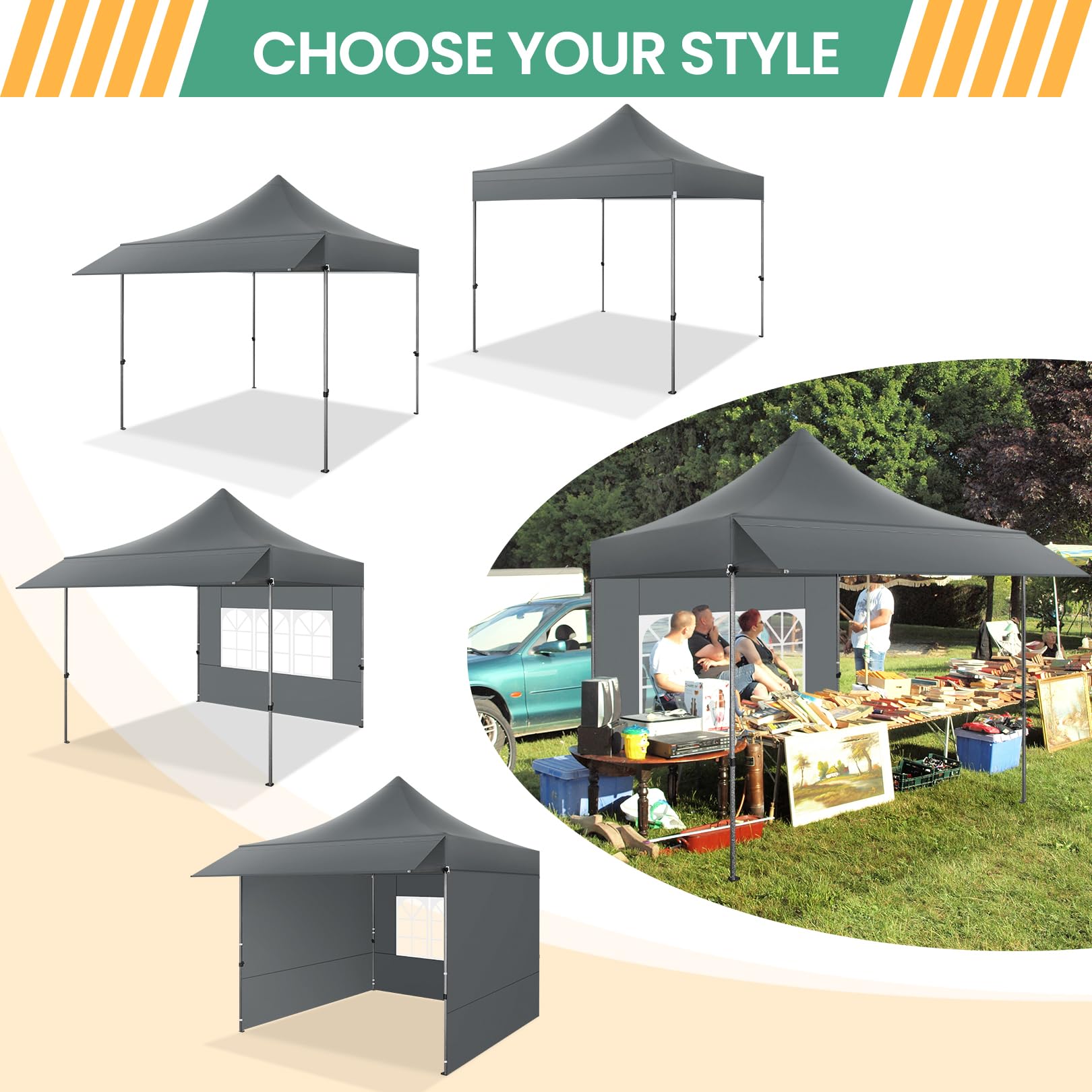 COBIZI - Tienda con Dosel Pop-up de 3 x 3 m con toldo y Paredes Laterales, Carpas comerciales de 3 x 3 m, Impermeable instantánea, Parasol UPF 50+, para Exteriores, Fiestas, mercados (Gris)