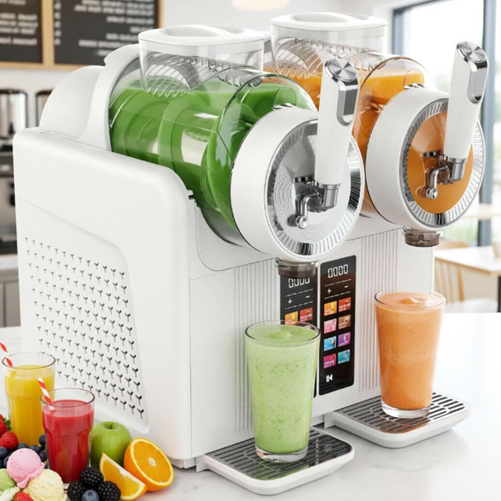 Drmoxin Slushie Maker Machine, 7-in-1 Slushy Maker, Double Head Soft Ice Cream Machine, Dual 2l Tanks 430w, Touch Panel with Automatic Clean, Makes Slushies Milkshakes Cocktails White