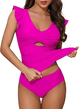 Women Ruffle Tankini Bathing Suits 2 Piece Tummy Control Swimsuits Twist Cutout Swimwear with Shorts