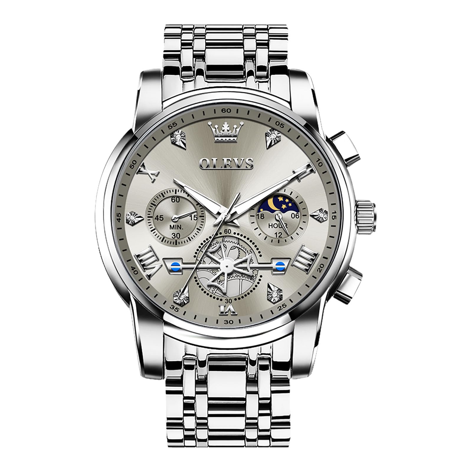 OLEVS Men's Chronograph Watch, Gold Silver Tone Stainless Steel Analog Quartz Watch, Multi-Function Waterproof Date Diamond Roman Numerals Dial Dress Watch for Men
