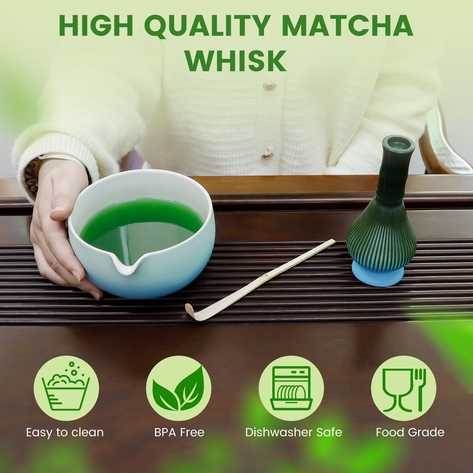 Ciotola Matcha Frusta Bambù 5 In 1 Matcha Kit Accessori Cerimonia Tè Matcha Cerimonia Giapponese Matcha Con Ciotola Matcha, Frusta Matcha In Bambù Naturale Paletta Porta Frullino Per Tradizionale Tè Cerimonia (Verde - 5