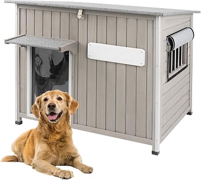 Large Outdoor Dog House Waterproof for Small to Large Dogs, Outdoor Indoor Doghouse Kennel Shelter Weatherproof with Anti-Chewing Iron Frame, Wndow, Open Roof, Removable Floors43" L*29.5" W*33.5" H