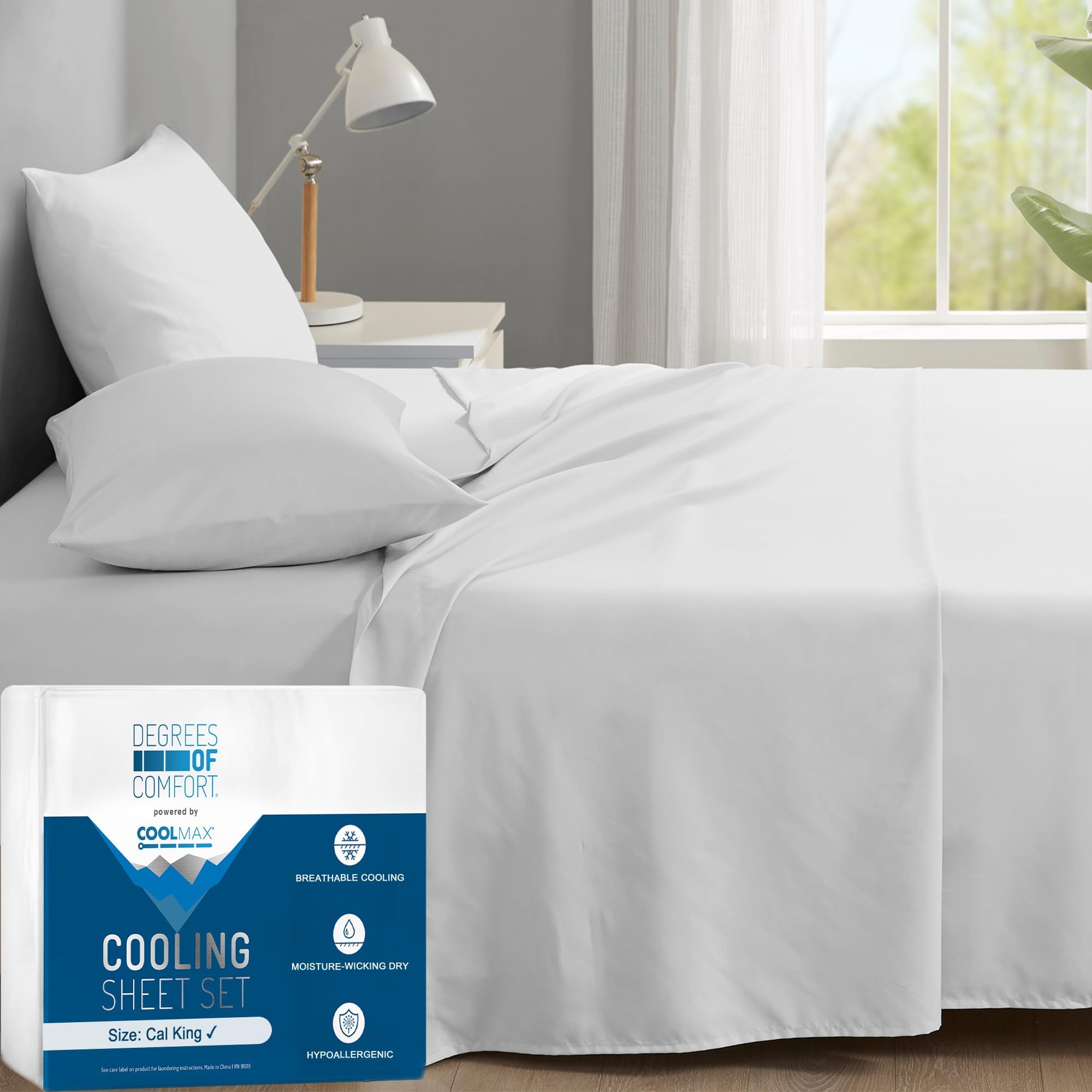 Coolmax® Cooling Bed Sheets California King Size for Hot Sleepers, Moisture Wicking Sheet Set for Night Sweats, Deep Pocket, Ultra Soft, Cozy for All Seasons, White 4 Pieces