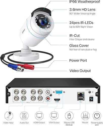 Miniatura 8 de Sistema completo de cámara de seguridad ZOSI H.265+ para el hogar de 1080p para exteriores en interiores, CCTV DVR de 5MP-Lite de 8 canales con