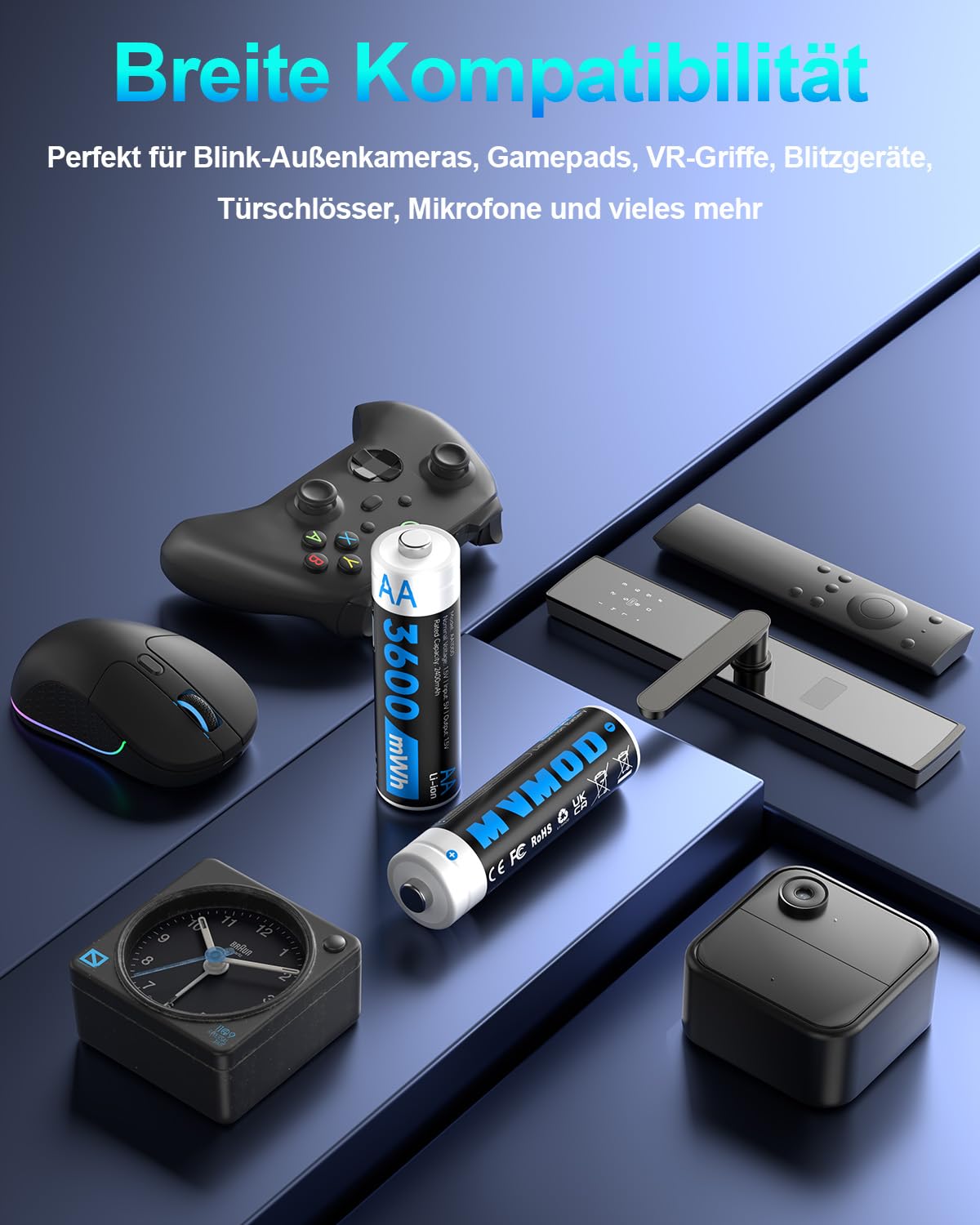 Wiederaufladbare AA Akkus 12er-Pack mit Ladegerät, 1,5V 3600mWh AA Wiederaufladbare Lithium Batterien mit Integrierter Schnelles Aufladen Aufbewahrungsbox (2000 Zyklen) Schwarz
