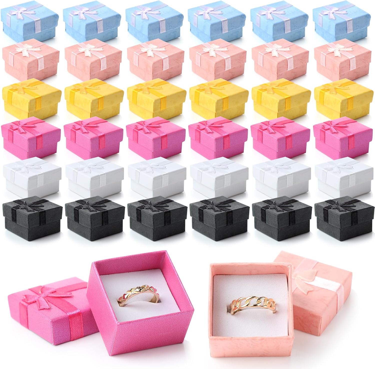 Bucherry 72 Pcs Ring Boxes 1.6 x 1.6 In Hard Cardboard Jewelry Box with Ribbon Bow Small Jewelry Gift Cases for Small Business(Bright Color)