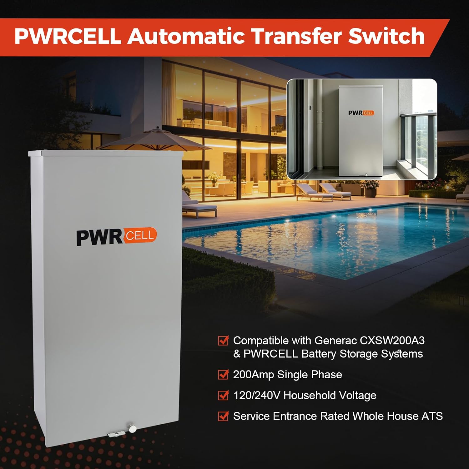 200 Amp SE Rated Single Phase Automatic Transfer Switch Compatible with Generac CXSW200A3 PWRcell Battery Storage Systems, Indoor & Outdoor Power Management, 120/240V NEMA 3R Aluminum Enclosure
