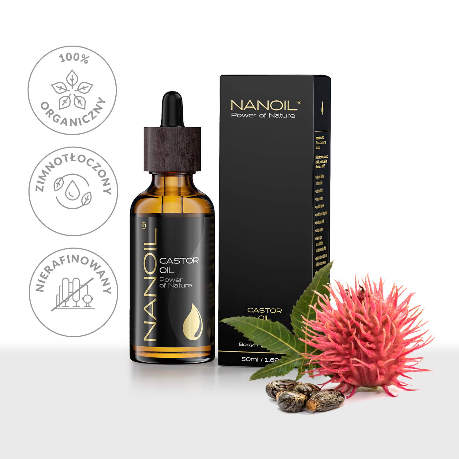 Olejek rycynowy Nanoil Castor Oil 50 ml – naturalny, zimnotłoczony i nierafinowany olejek do pielęgnacji włosów i twarzy, przyśpiesza wzrost rzęs, wzmacnia paznokcie