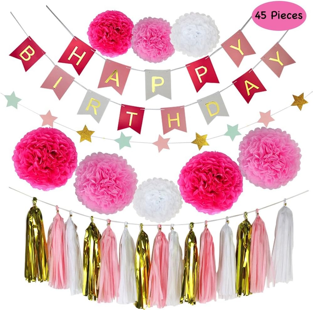 Parlie Pink Birthday Party Decorations, Birthday Party Supplies, Parlie 45pcs Party Decors and Supplies, Set includes Happy Birthday Banner, Paper Tassels, Pompoms and Garland Stars for Girls Pink