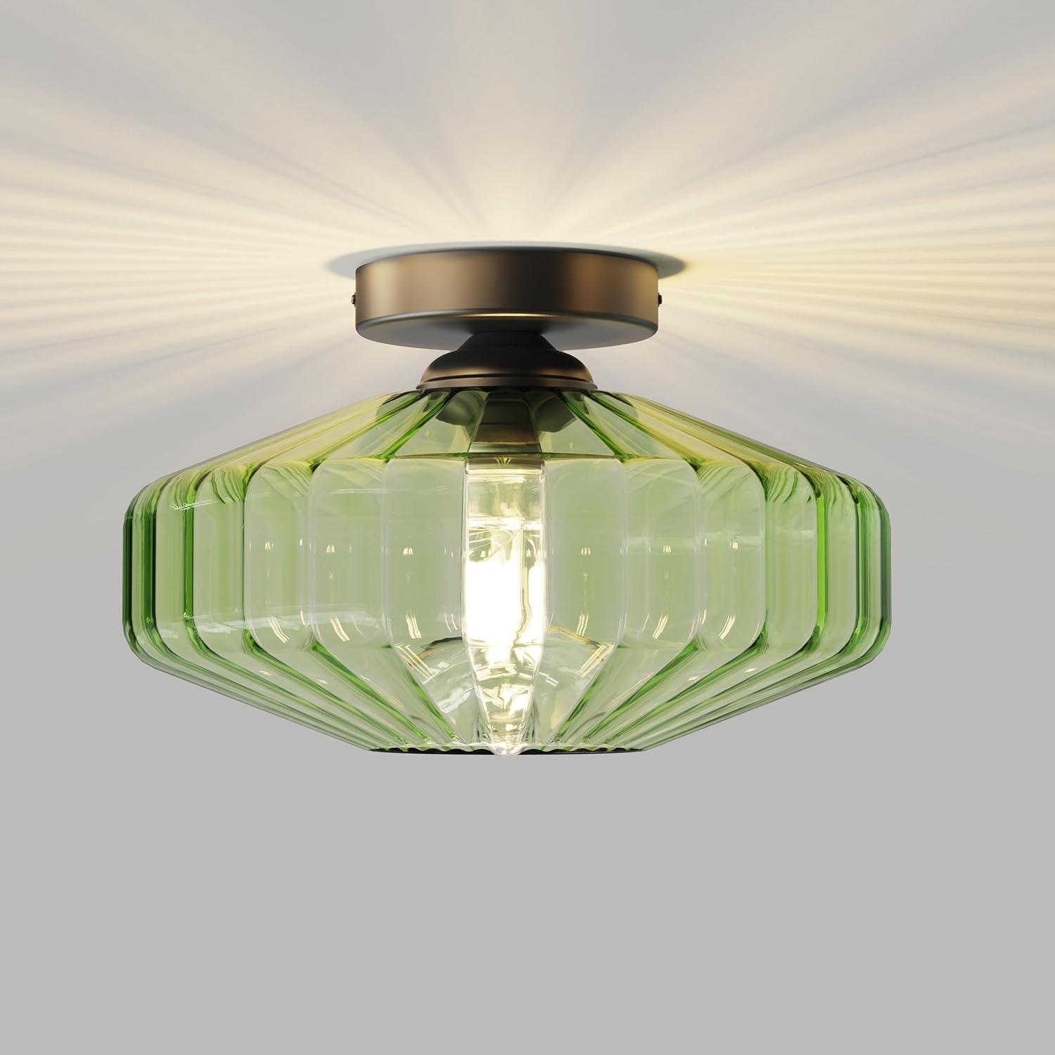 Semi Flush Mount Ceiling Light, 11.8" Mid Century Modern 1-Light Close to Ceiling Light Fixtures with Drum Green Glass Shade for Bedroom Entryway Hallway Porch Foyer