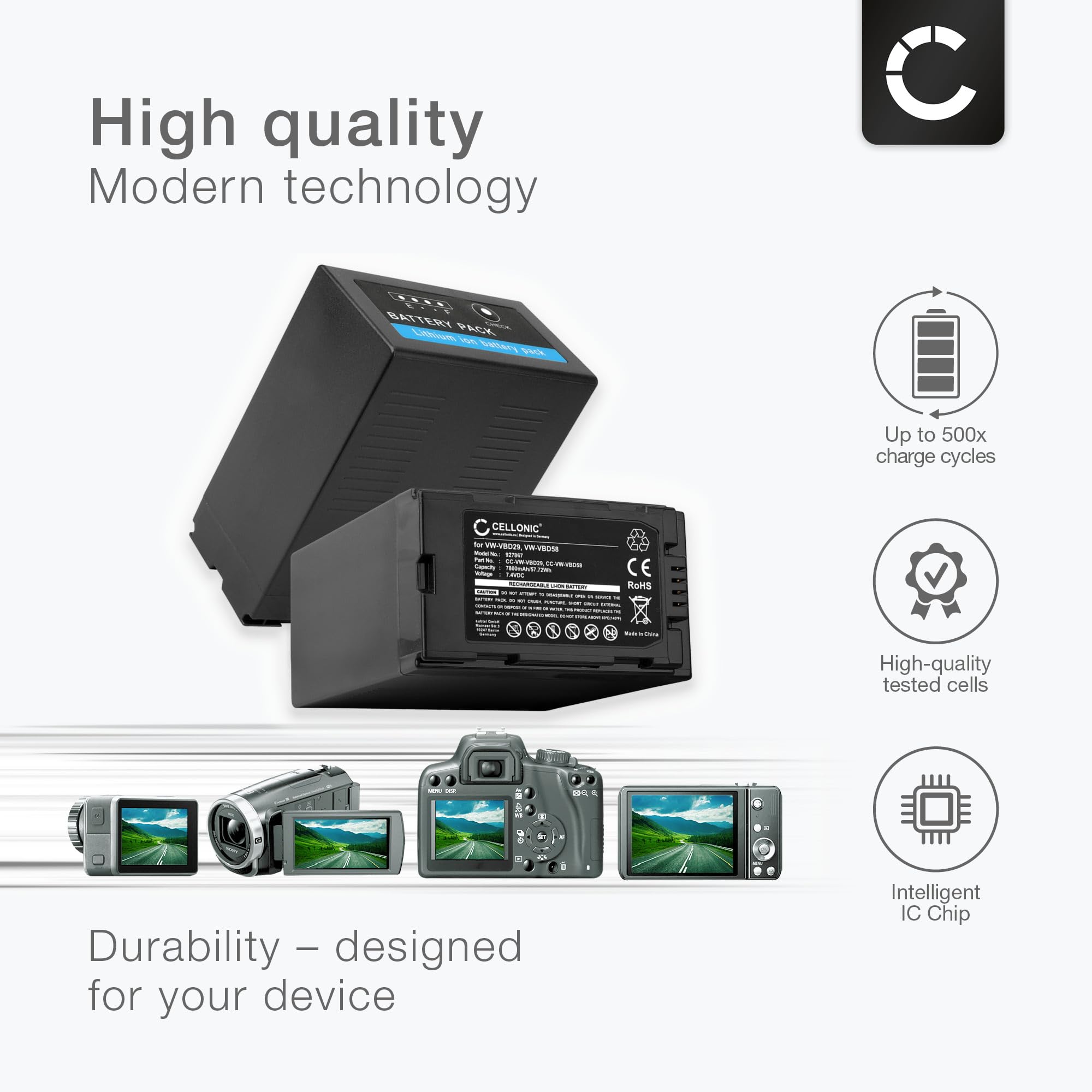 2 x CELLONIC akumulator zastępczy do aparatu VW-VBD29 VW-VBD58 VW-VBD78 do kompatybilności z Panasonic HC-X1, HC-X1000, HC-MDH3, VW-VBD29, akumulator zastępczy 7800 mAh + ładowarka do aparatu